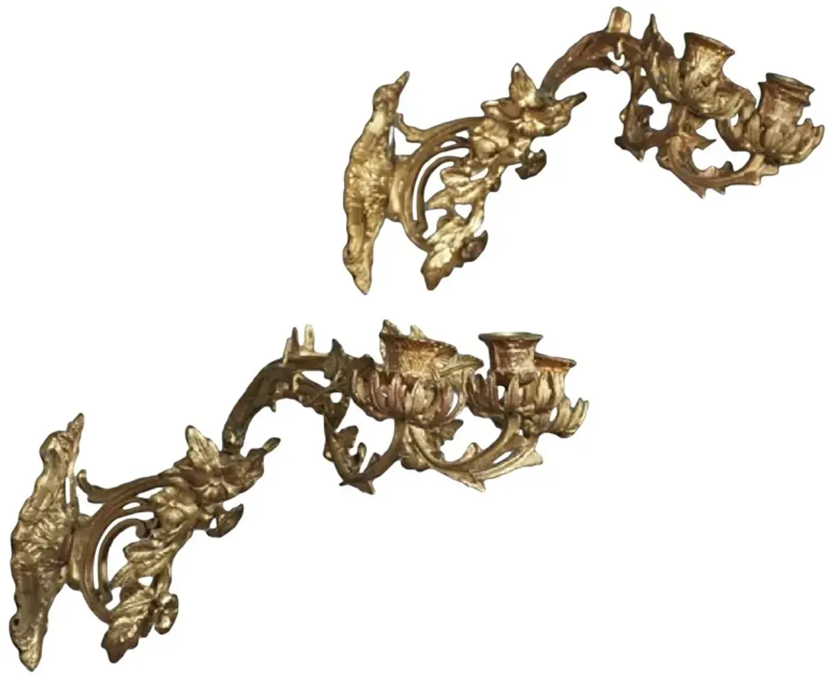 Brass Acanthus Leaf & Floral Sconces - Pr - Vermilion Designs - Gold