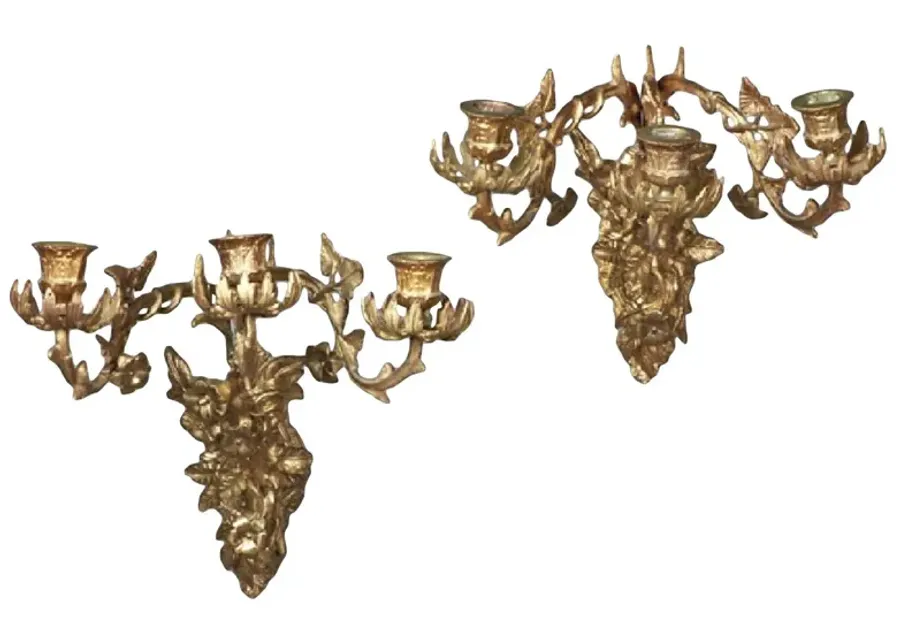 Brass Acanthus Leaf & Floral Sconces - Pr - Vermilion Designs - Gold