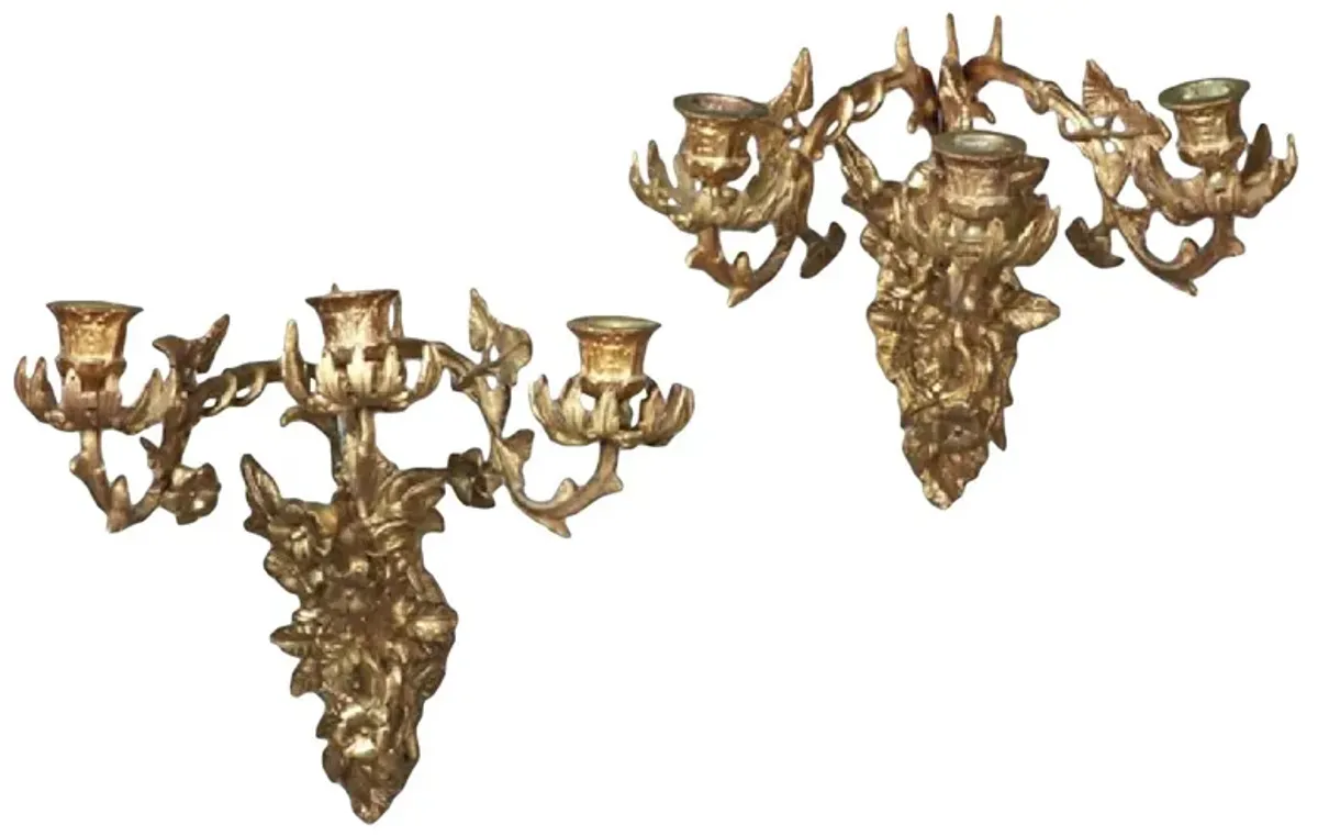 Brass Acanthus Leaf & Floral Sconces - Pr - Vermilion Designs - Gold