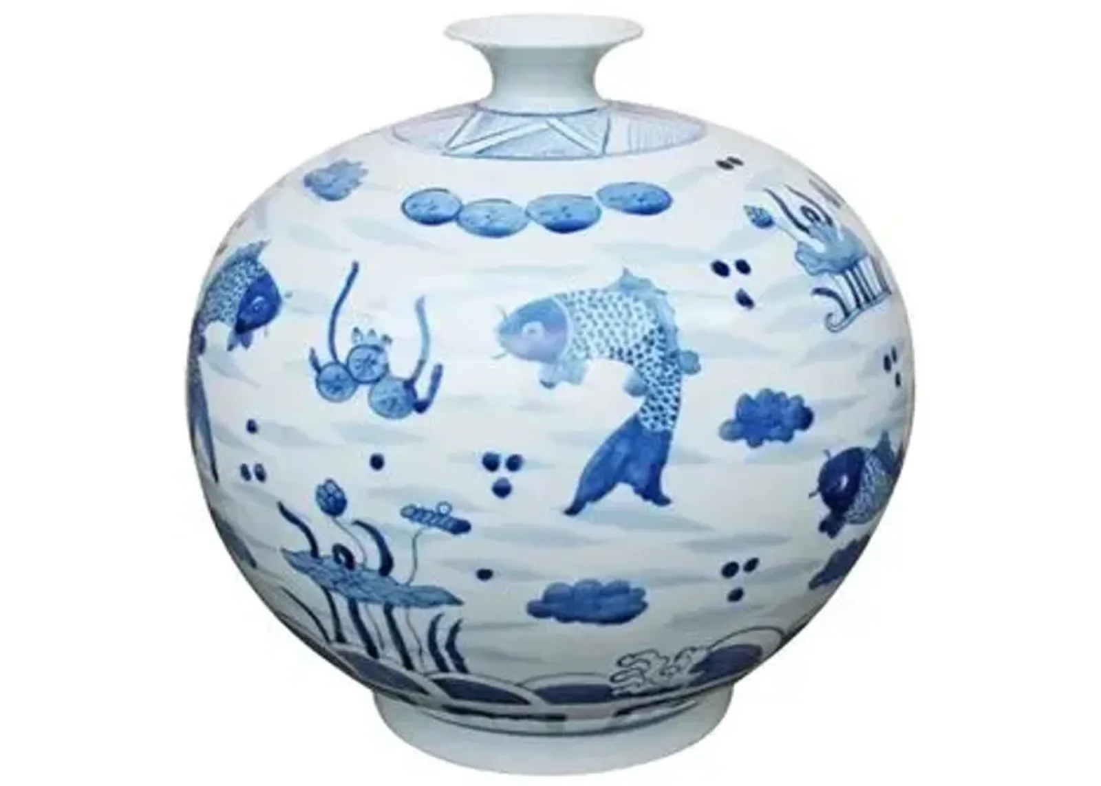 12" Feeding Fish Vase - Blue/White