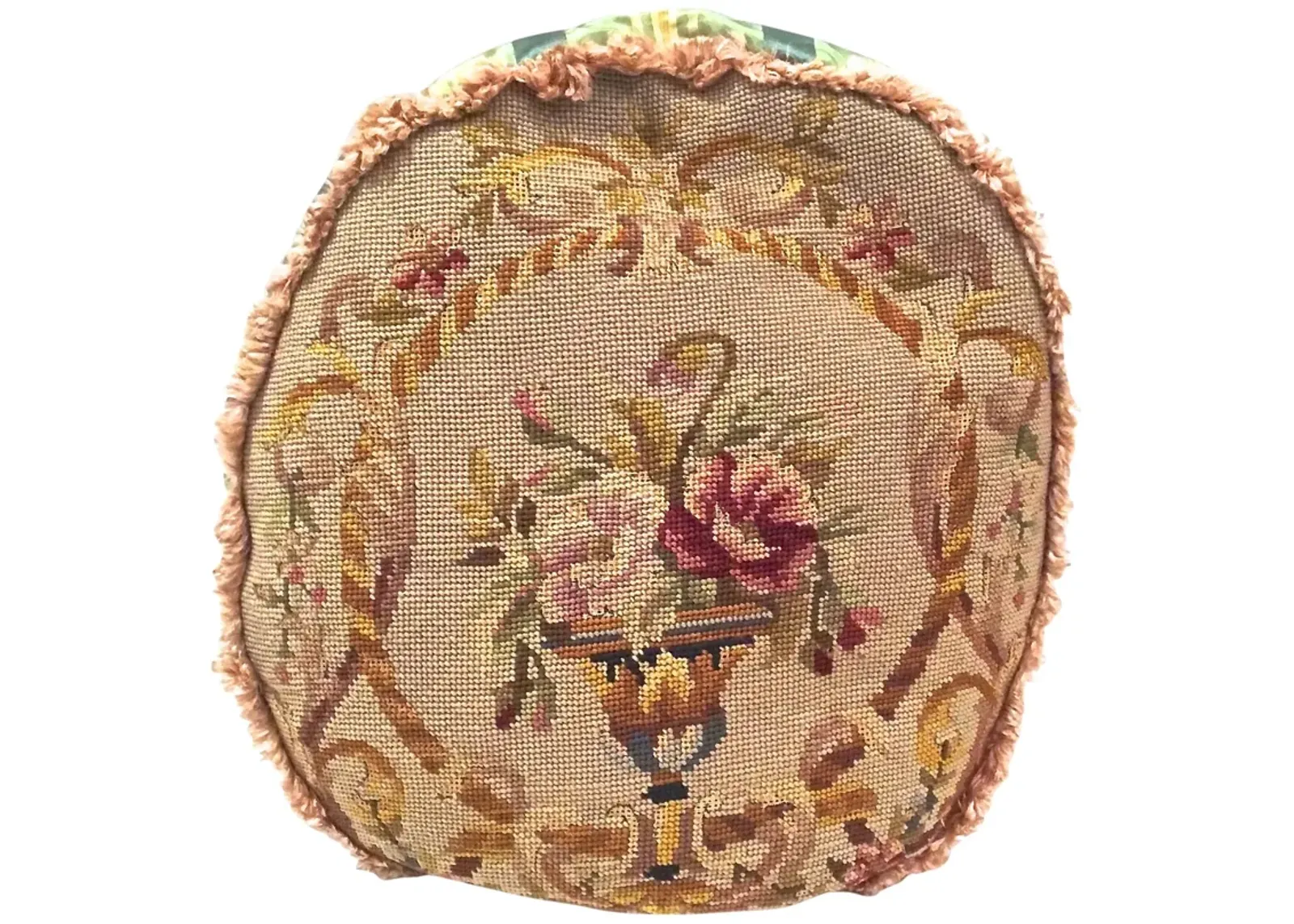 Round Floral Needlepoint & Silk Pillow - Vermilion Designs