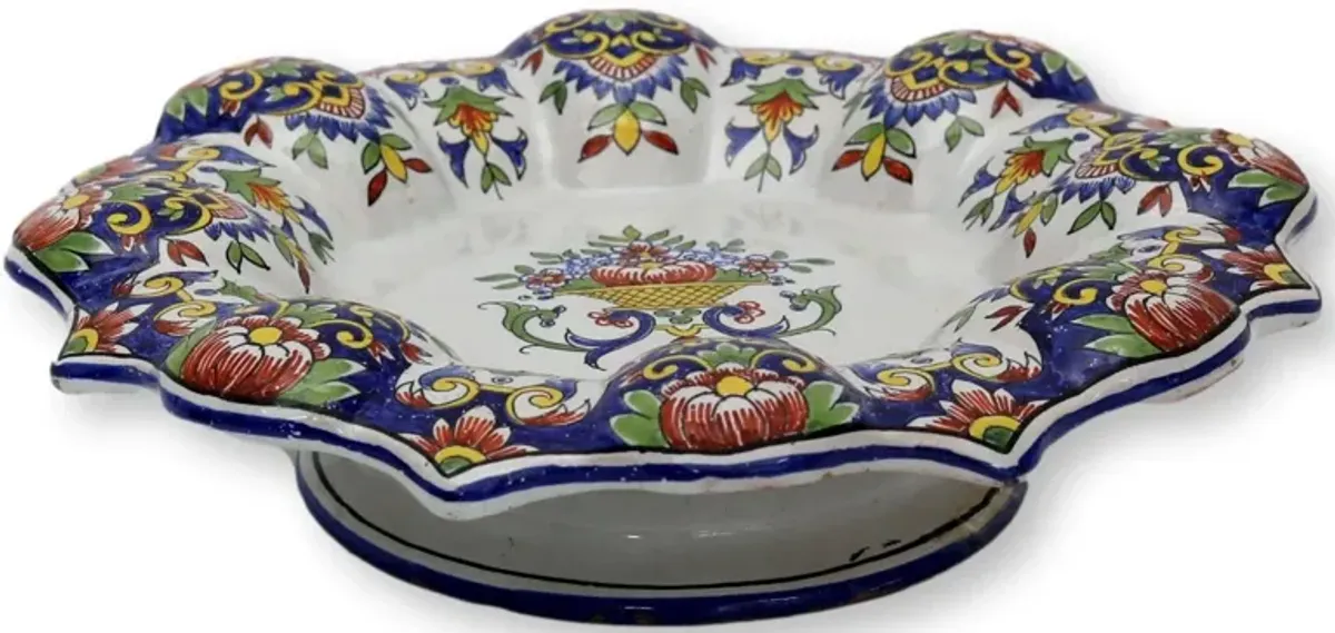 French Faience Footed Serving Plate - Rose Victoria - Blue