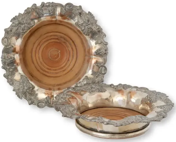 Antique Sheffield Wine Coasters - Set of 2 - Rose Victoria - Silver