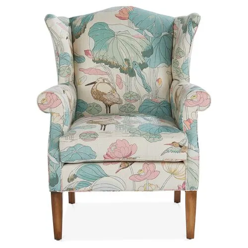 Bradford Wingback Chair - Aqua/Pink Linen - Handcrafted in The USA - Blue - Comfortable, Stylish