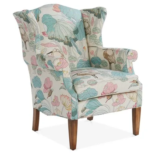 Bradford Wingback Chair - Aqua/Pink Linen - Handcrafted in The USA - Blue - Comfortable, Stylish