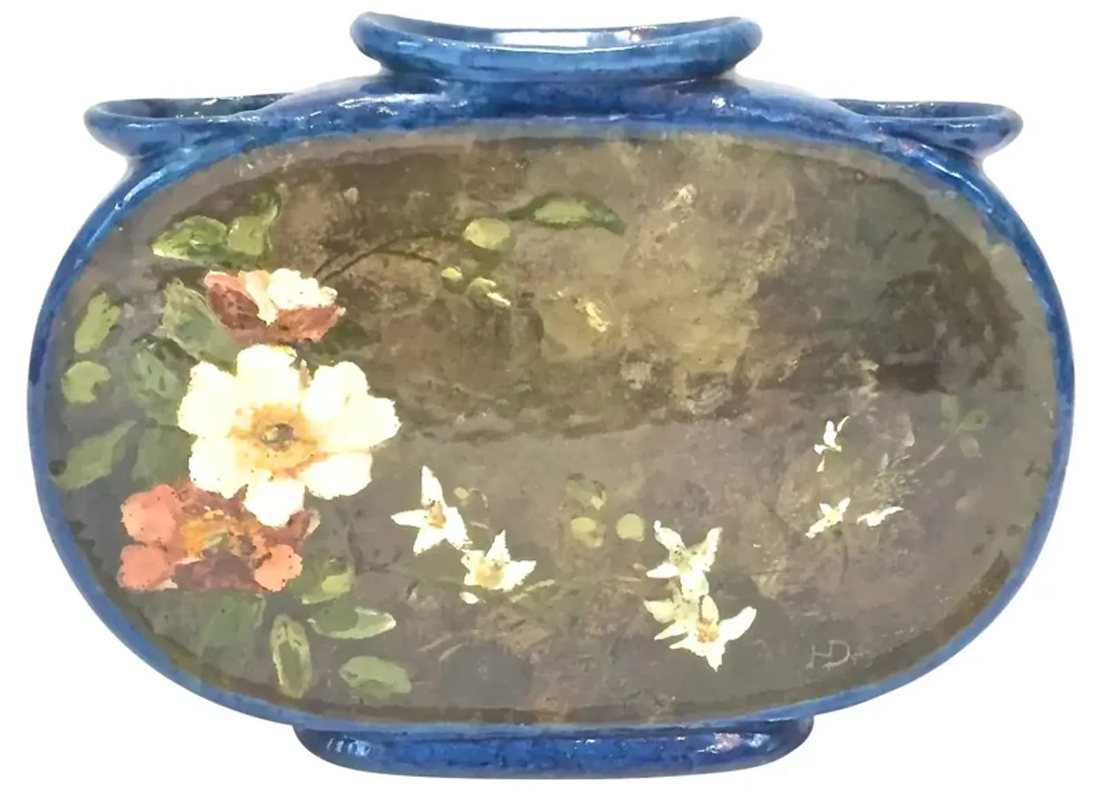 French Hand-Painted Floral Majolica Urn - Vermilion Designs - Blue