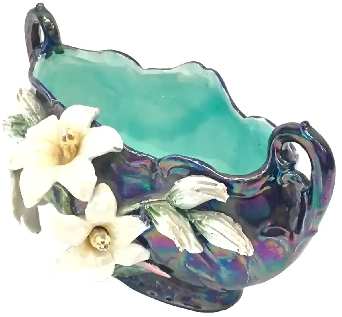 Iridescent Floral Majolica Cachepot - Vermilion Designs - Green