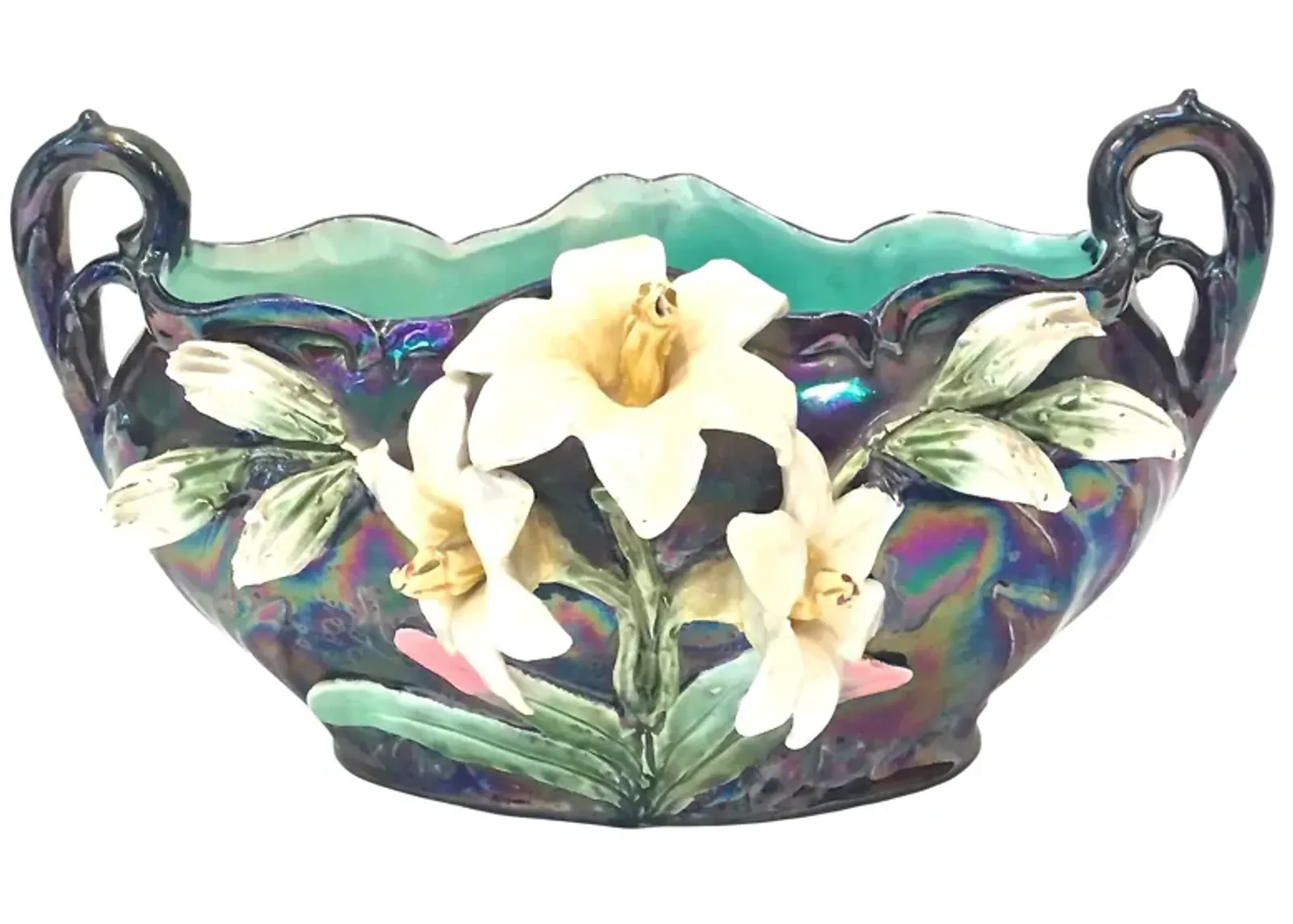 Iridescent Floral Majolica Cachepot - Vermilion Designs - Green