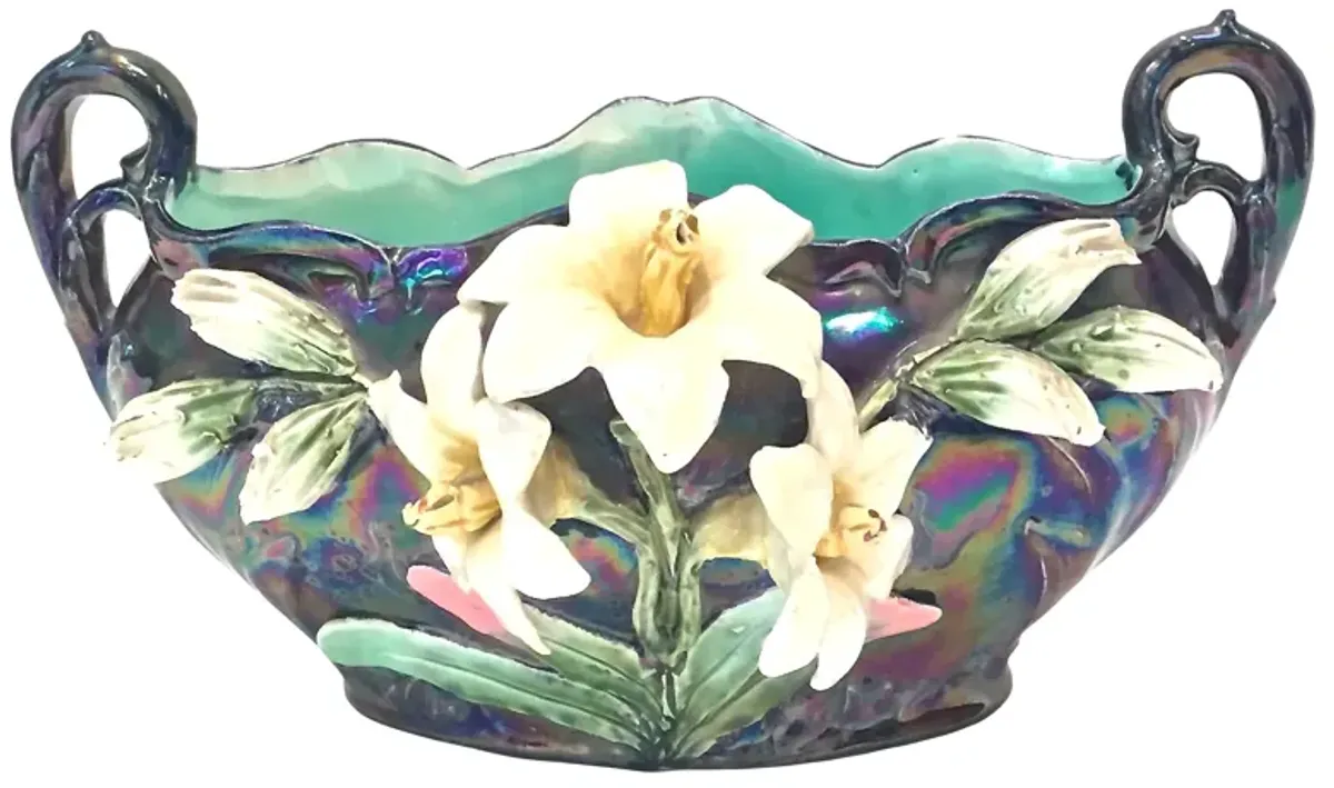 Iridescent Floral Majolica Cachepot - Vermilion Designs - Green