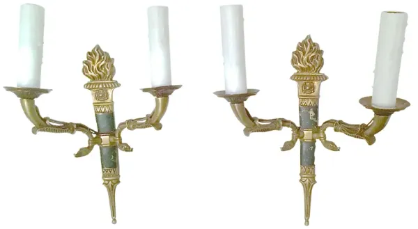 French Empire Torch & Swan Sconces - Set of 2 - Vermilion Designs - Gold