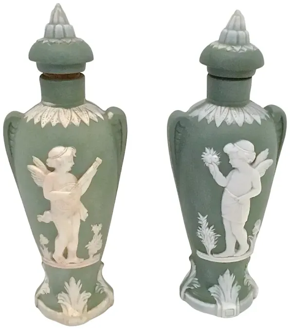 Antique German Jasperware Flacons - Set of 2 - Vermilion Designs - Green