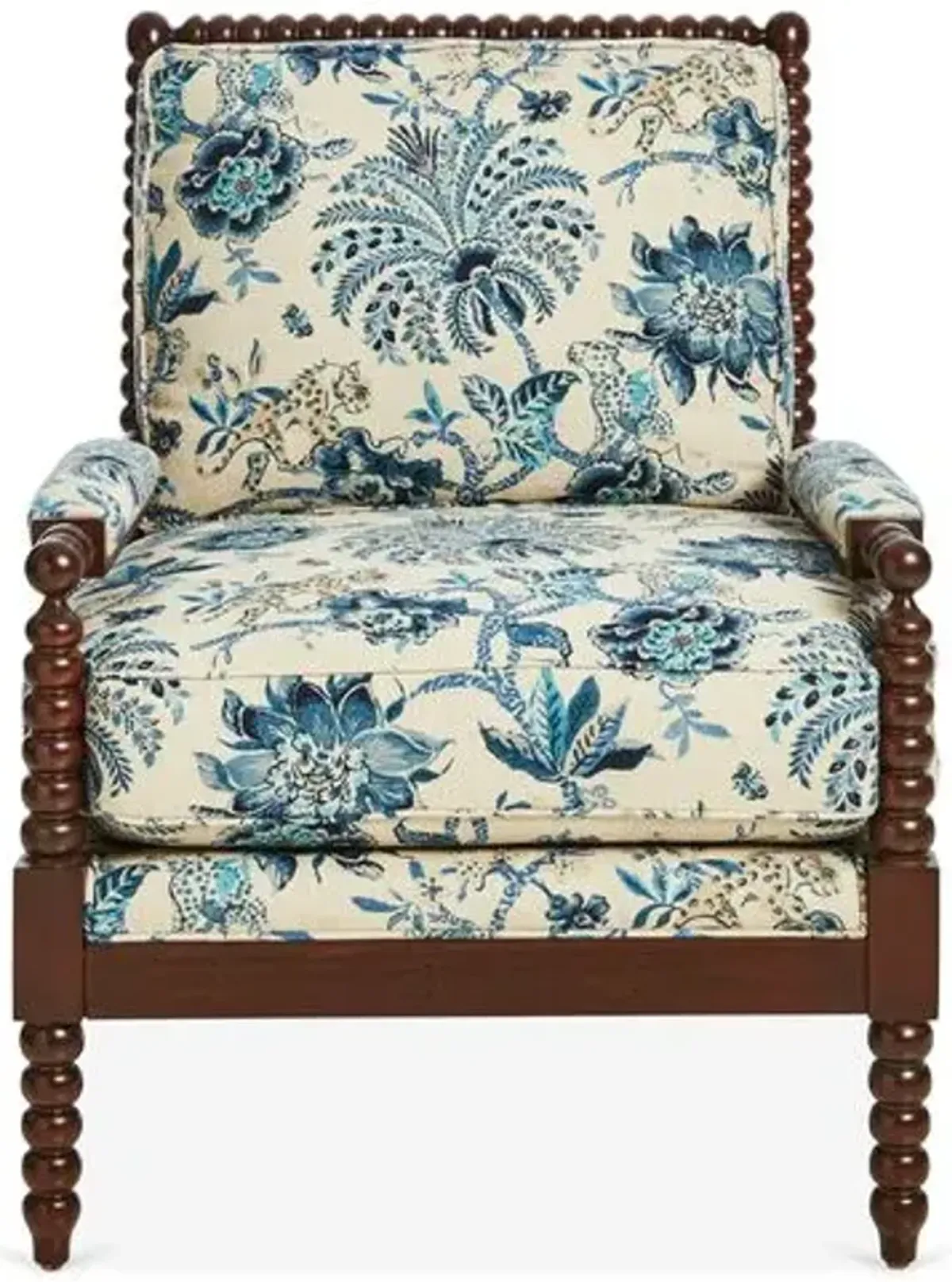 Bankwood Spindle Chair - Floral Indigo/Ivory Linen - Miles Talbott - Handcrafted - Blue