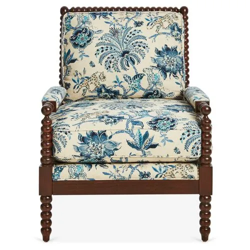 Bankwood Spindle Chair - Floral Indigo/Ivory Linen - Miles Talbott - Handcrafted - Blue