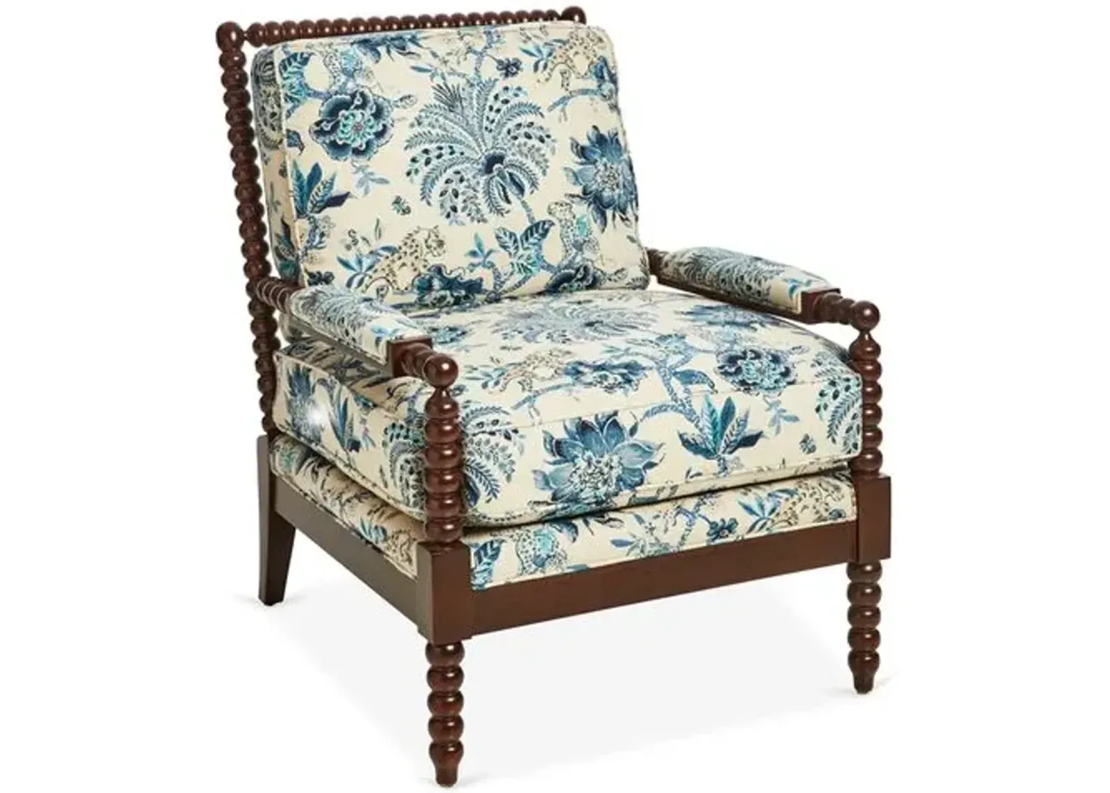 Bankwood Spindle Chair - Floral Indigo/Ivory Linen - Miles Talbott - Handcrafted - Blue