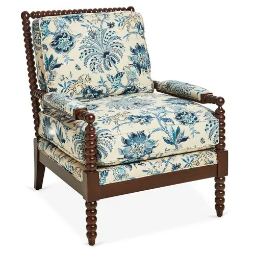 Bankwood Spindle Chair - Floral Indigo/Ivory Linen - Miles Talbott - Handcrafted - Blue