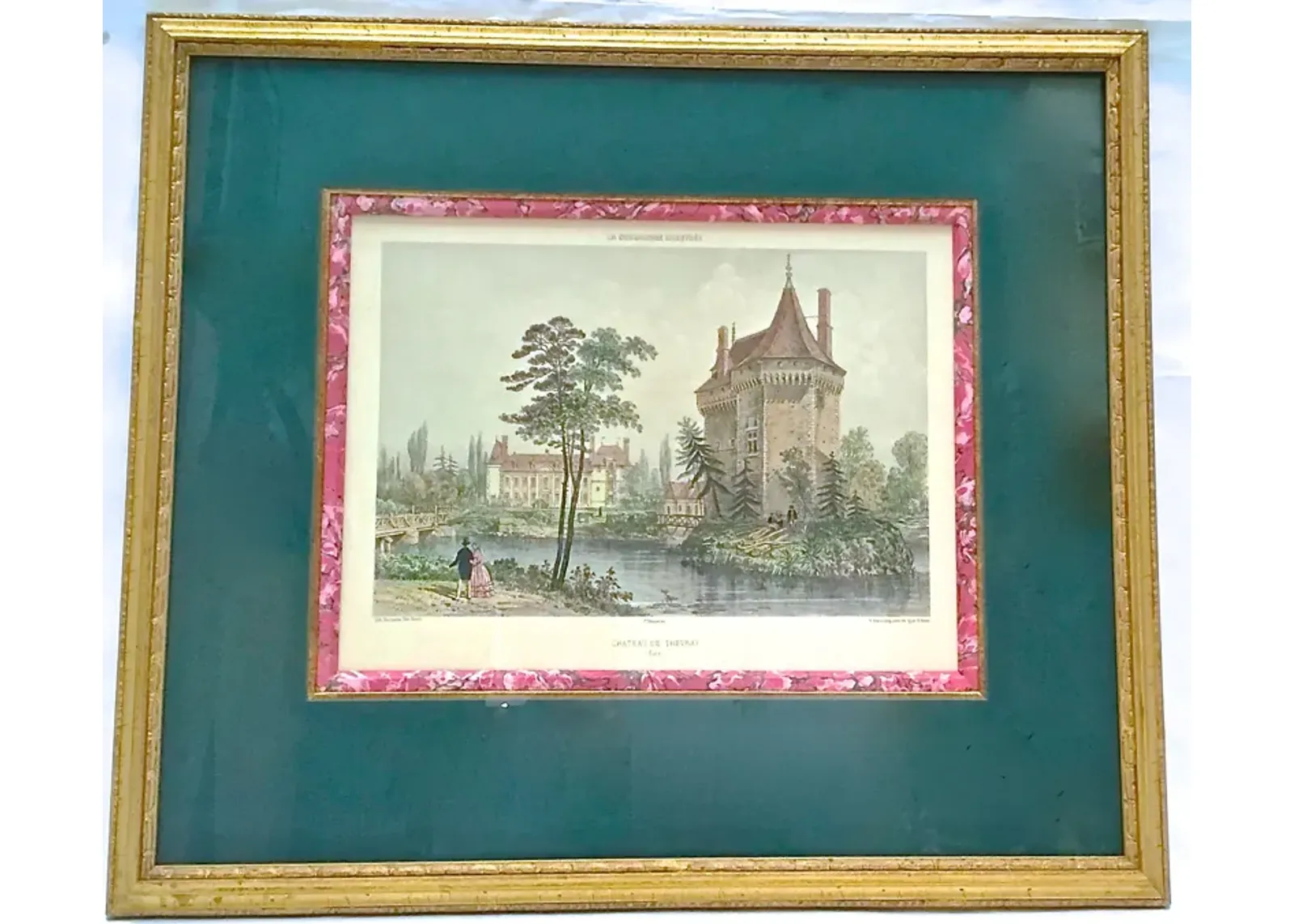 Antique Normandy Chateau Engraving - Vermilion Designs - Green