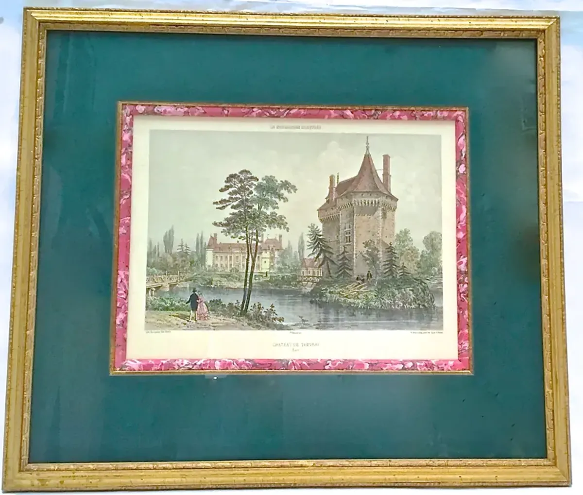 Antique Normandy Chateau Engraving - Vermilion Designs - Green