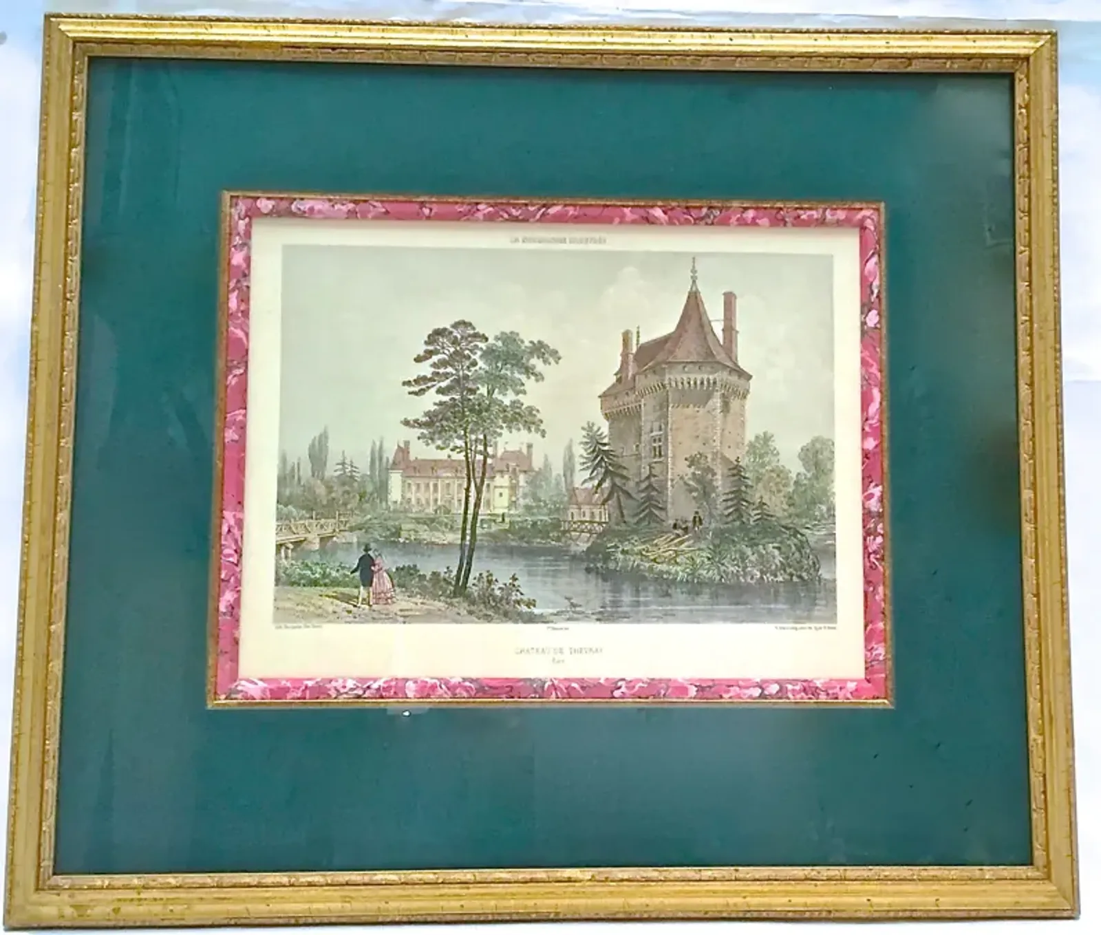 Antique Normandy Chateau Engraving - Vermilion Designs - Green