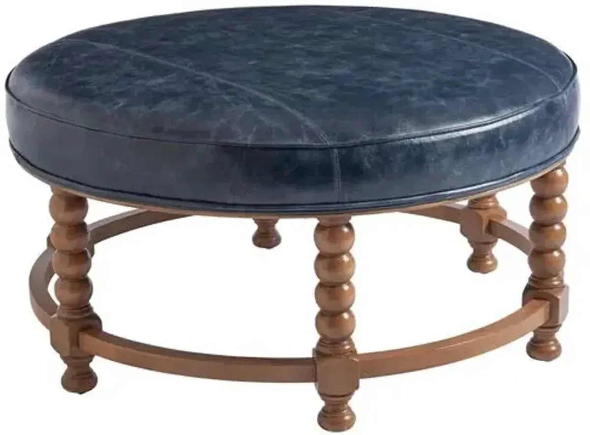 Naples Round Cocktail Ottoman - Denim Blue Leather - Barclay Butera