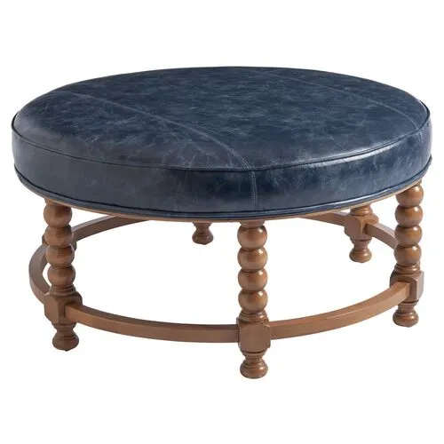 Naples Round Cocktail Ottoman - Denim Blue Leather - Barclay Butera