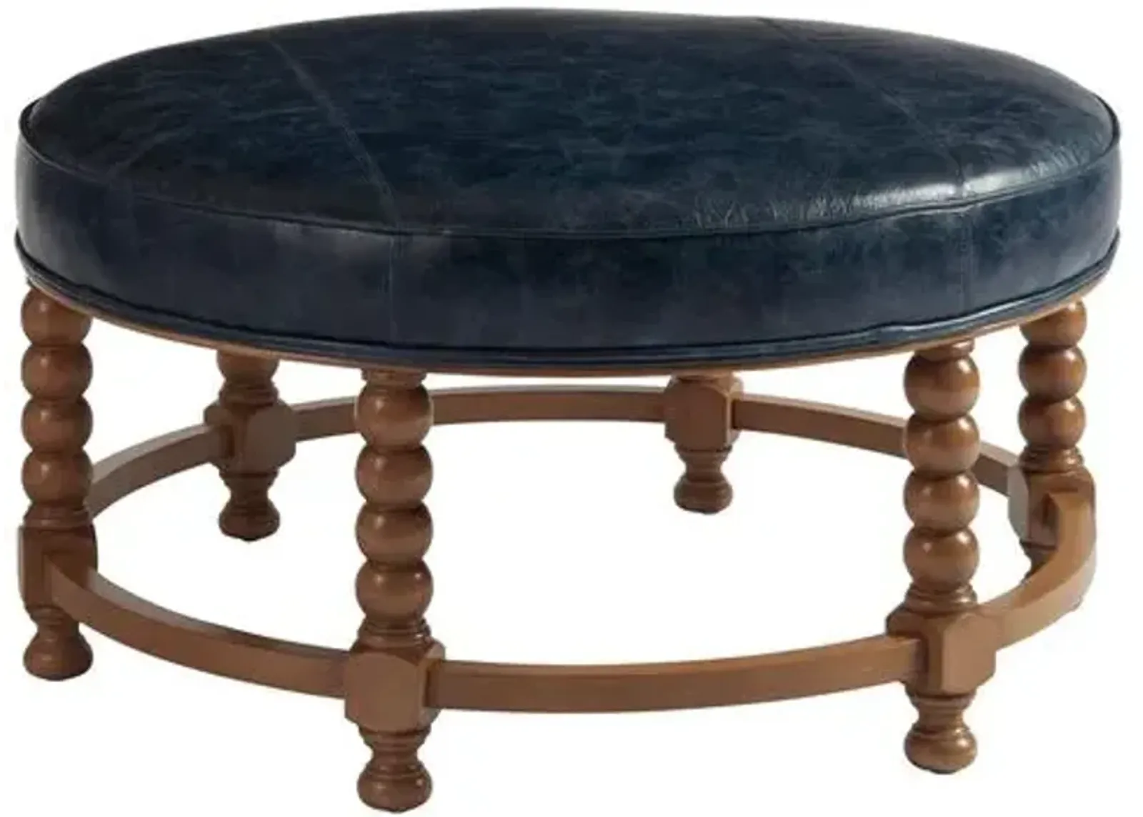 Naples Round Cocktail Ottoman - Denim Blue Leather - Barclay Butera