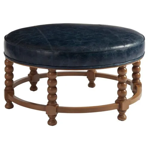 Naples Round Cocktail Ottoman - Denim Blue Leather - Barclay Butera