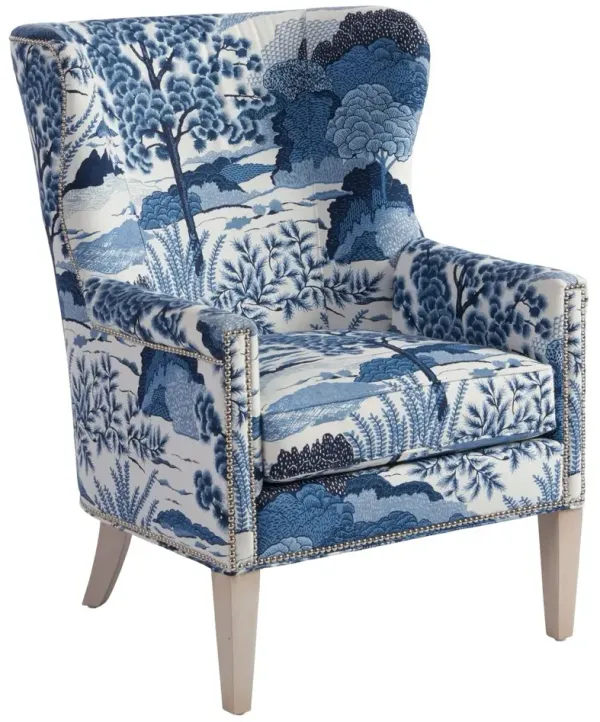 Avery Wingback Chair, Blue/White Linen