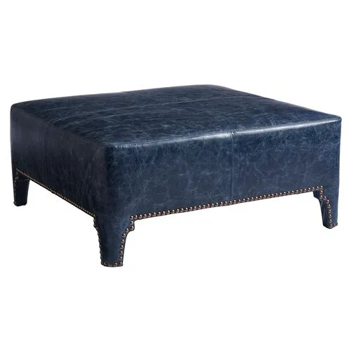 Sheffield Cocktail Ottoman - Blue Leather - Barclay Butera