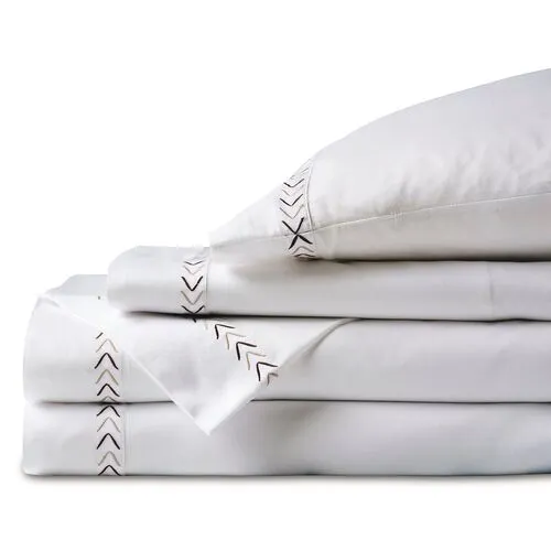 Miri Sheet Set - White/Tan - Brown, 300 Thread Count, Egyptian Cotton Sateen, Soft and Luxurious