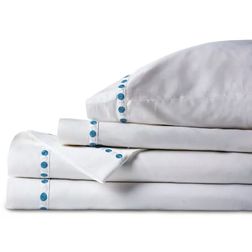 Tivoli Sheet Set - White/Blue, 300 Thread Count, Egyptian Cotton Sateen, Soft and Luxurious
