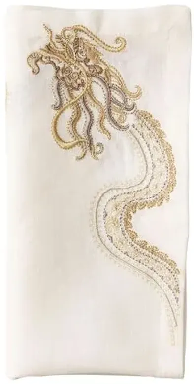 Set of 4 Imperial Dragon Dinner Napkins - White/Gold - Kim Seybert