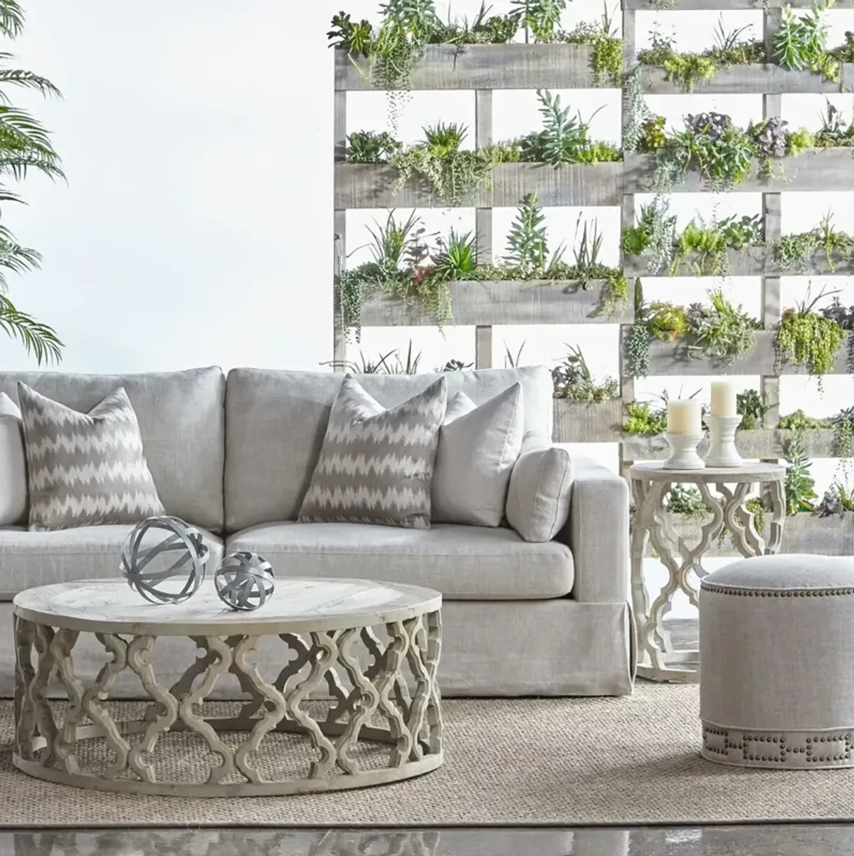 Darci Round Ottoman, Bisque French Linen