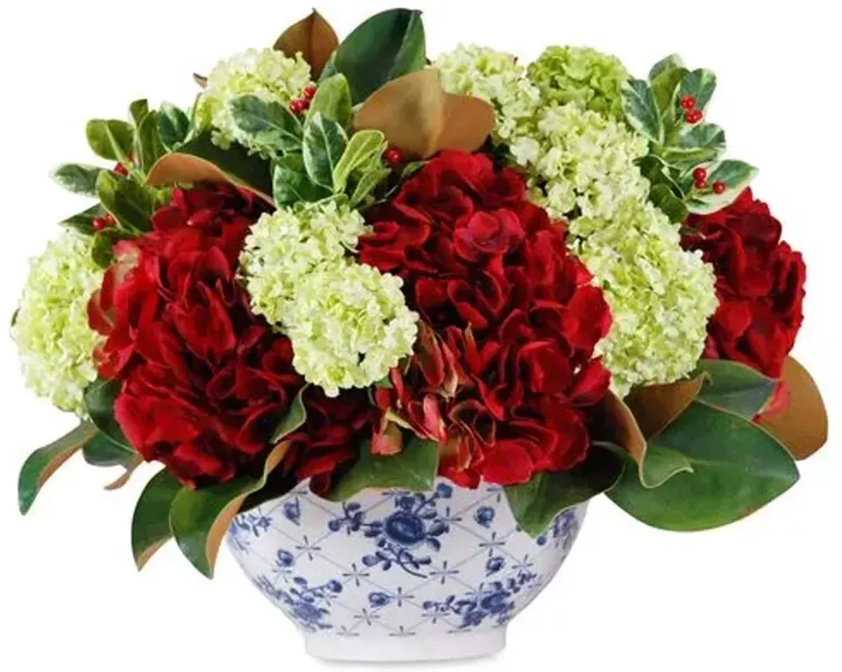 18" Hydrangea & Magnolia Arrangement with Bowl - Faux - Handcrafted - Red