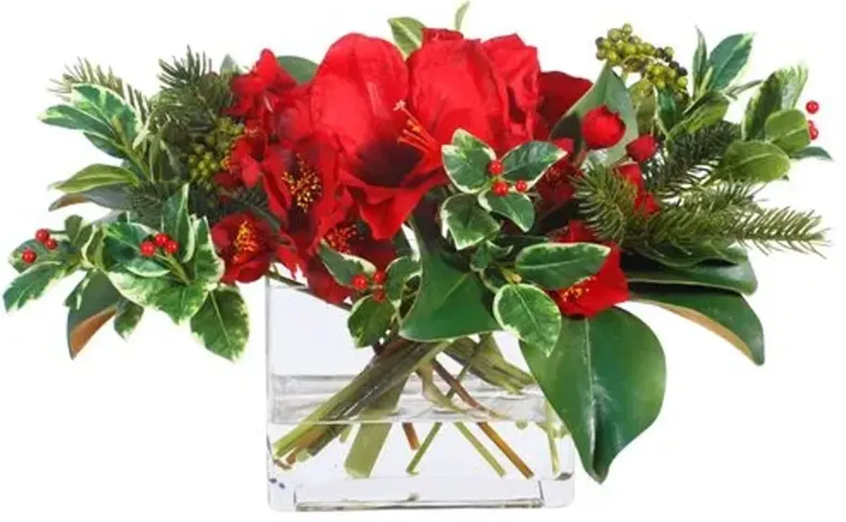 17" Holly & Amaryllis Mix with Vase - Faux - Handcrafted - Red