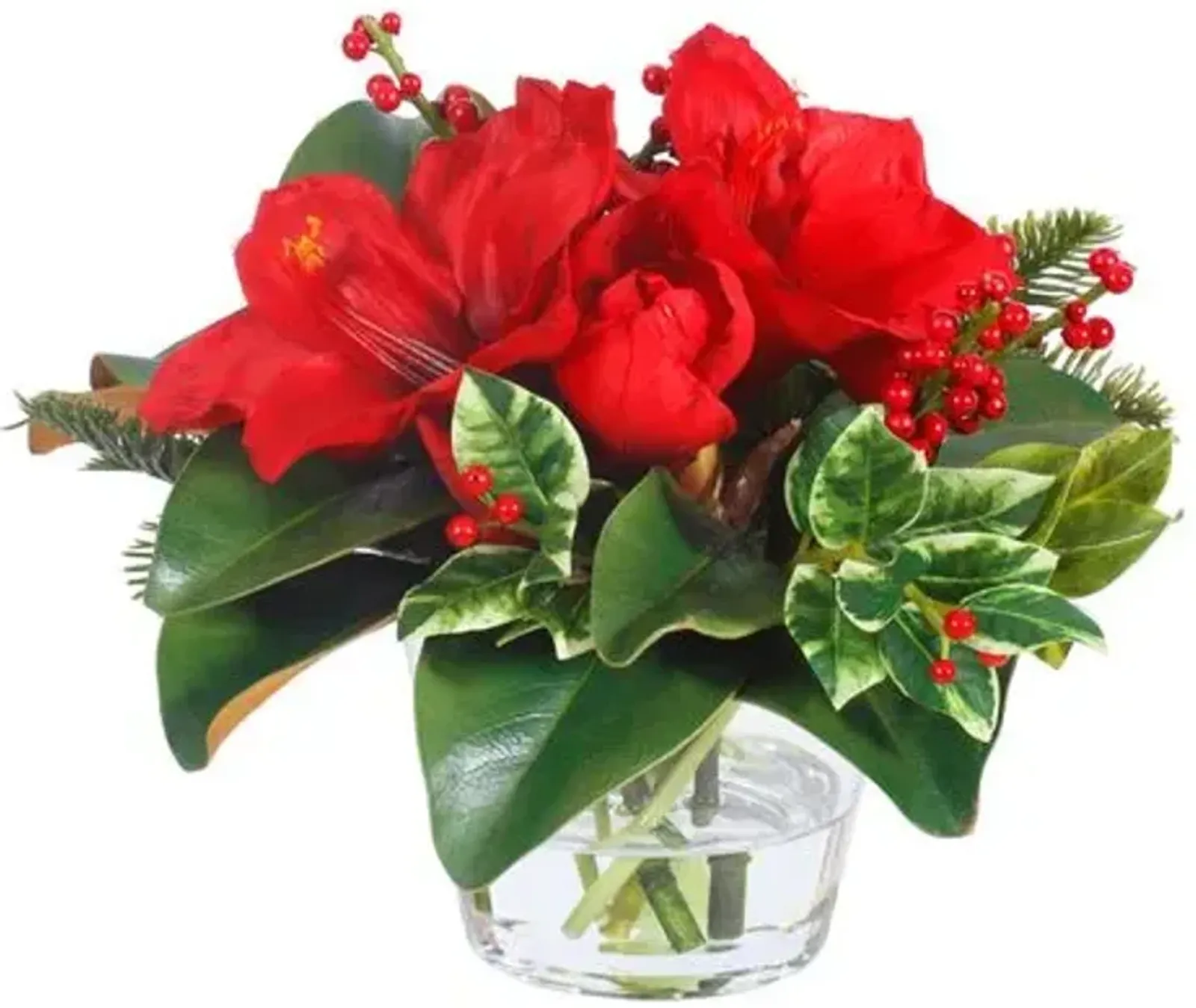 12" Holly & Amaryllis Mix with Round Vase - Faux - Handcrafted - Red