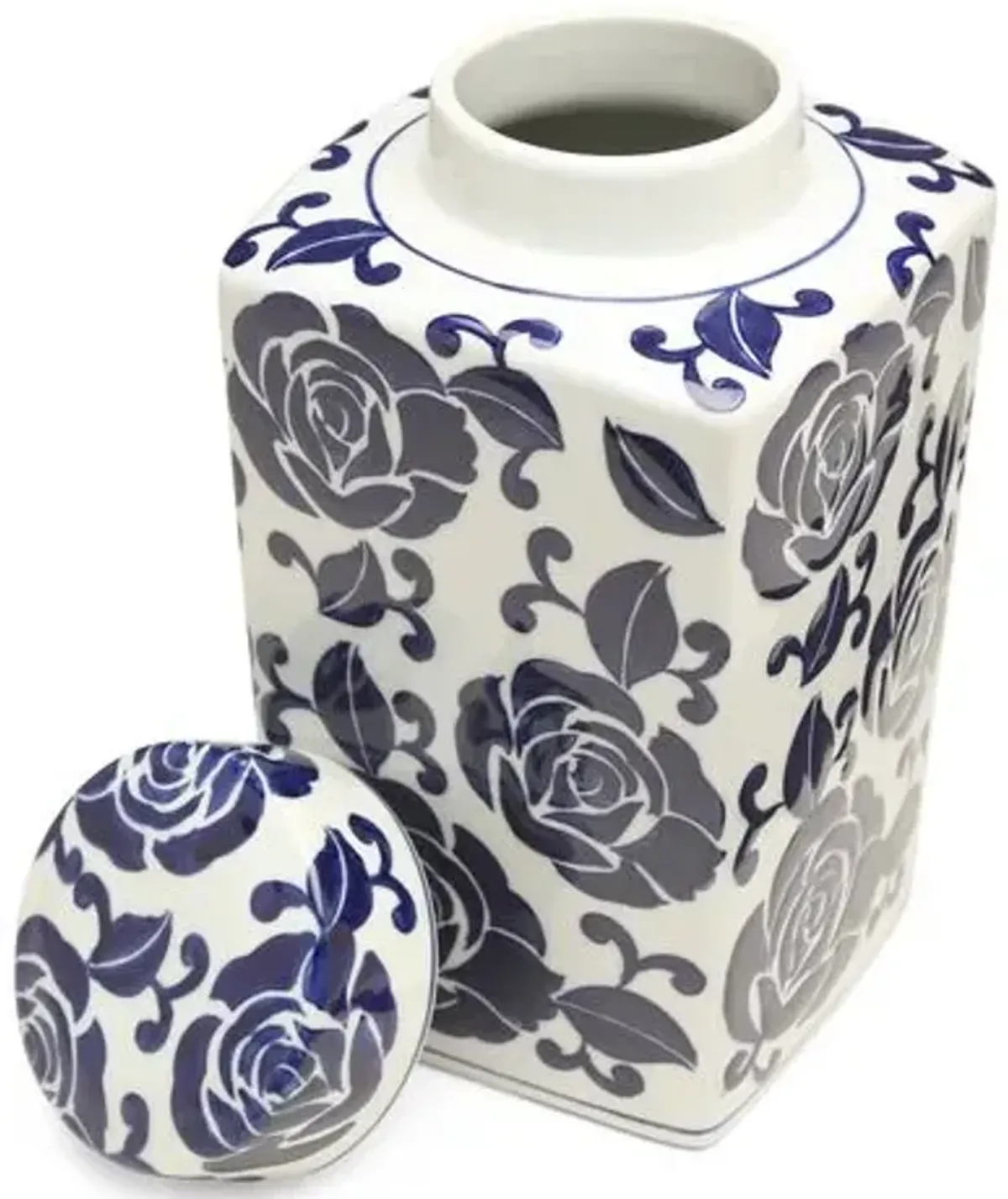 12" Giverny Square Ginger Jar - Blue/White