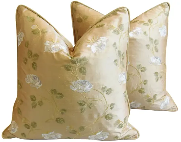 Embroidered White Rose Silk Pillows - Pr