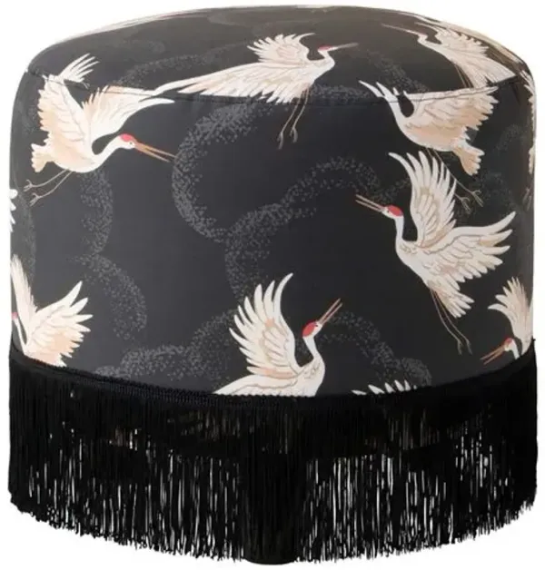 Callie Fringed Ottoman - Black Cranes - Cloth & Company - Handcrafted