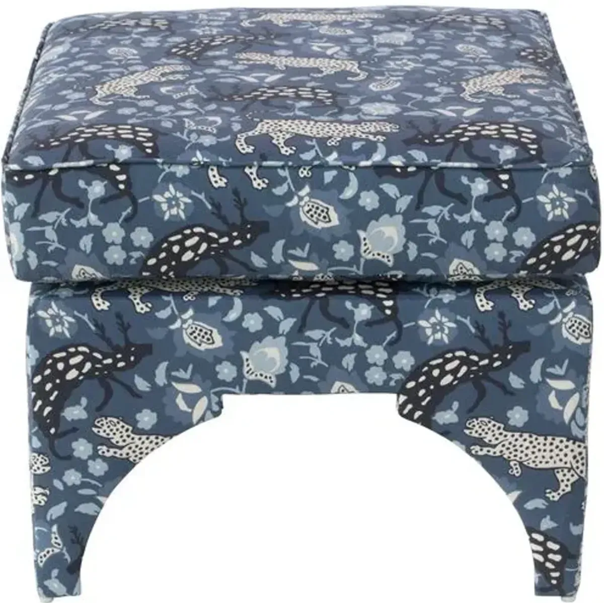 Maude Pillow-Top Ottoman - Leopard Blue Linen - Cloth & Company - Handcrafted