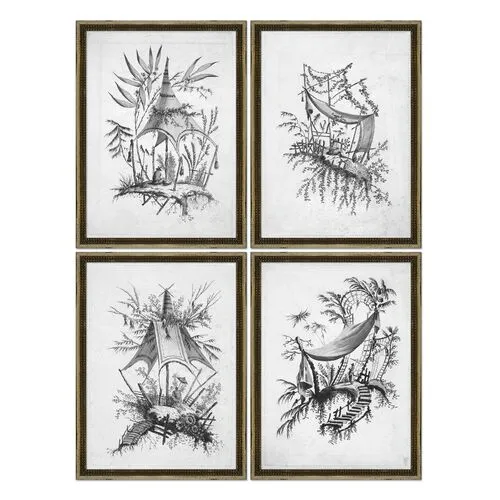 Set of 4 - Black & White Asian Etchings - Soicher Marin - Blue