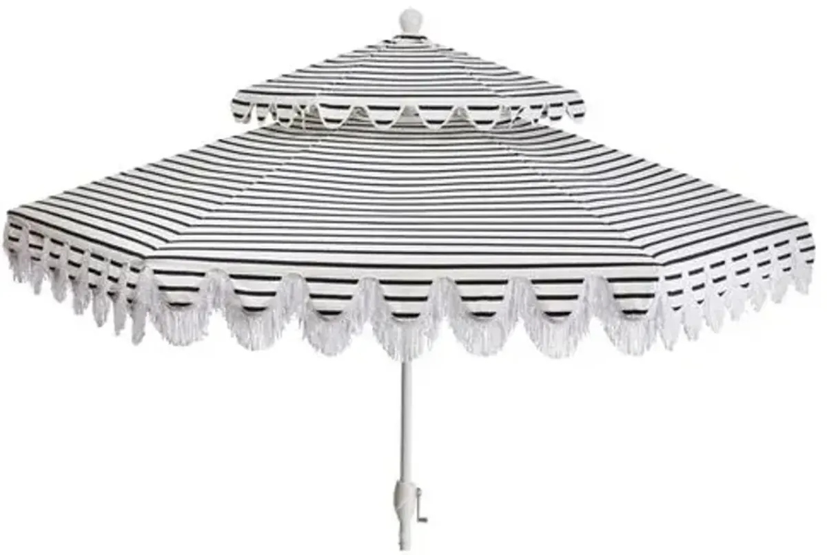 Daiana Fringe Two-Tier Patio Umbrella - Sunbrella Stripe - Blue