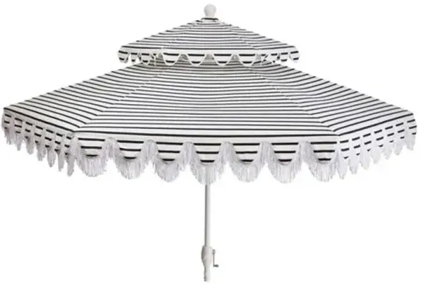 Daiana Fringe Two-Tier Patio Umbrella - Sunbrella Stripe - Blue