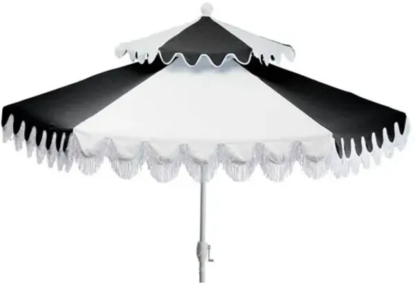 Ginny Two-Tier Two-Tone Fringe Patio Umbrella - Sunbrella - Black