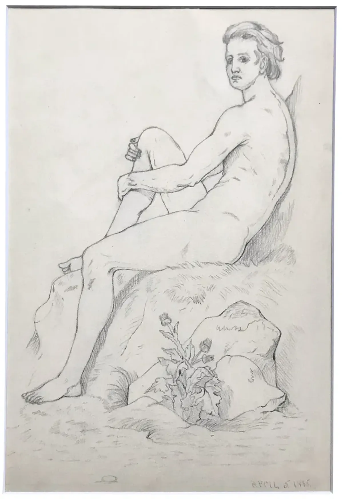 19th-C. Neoclassical Male Nude Drawing