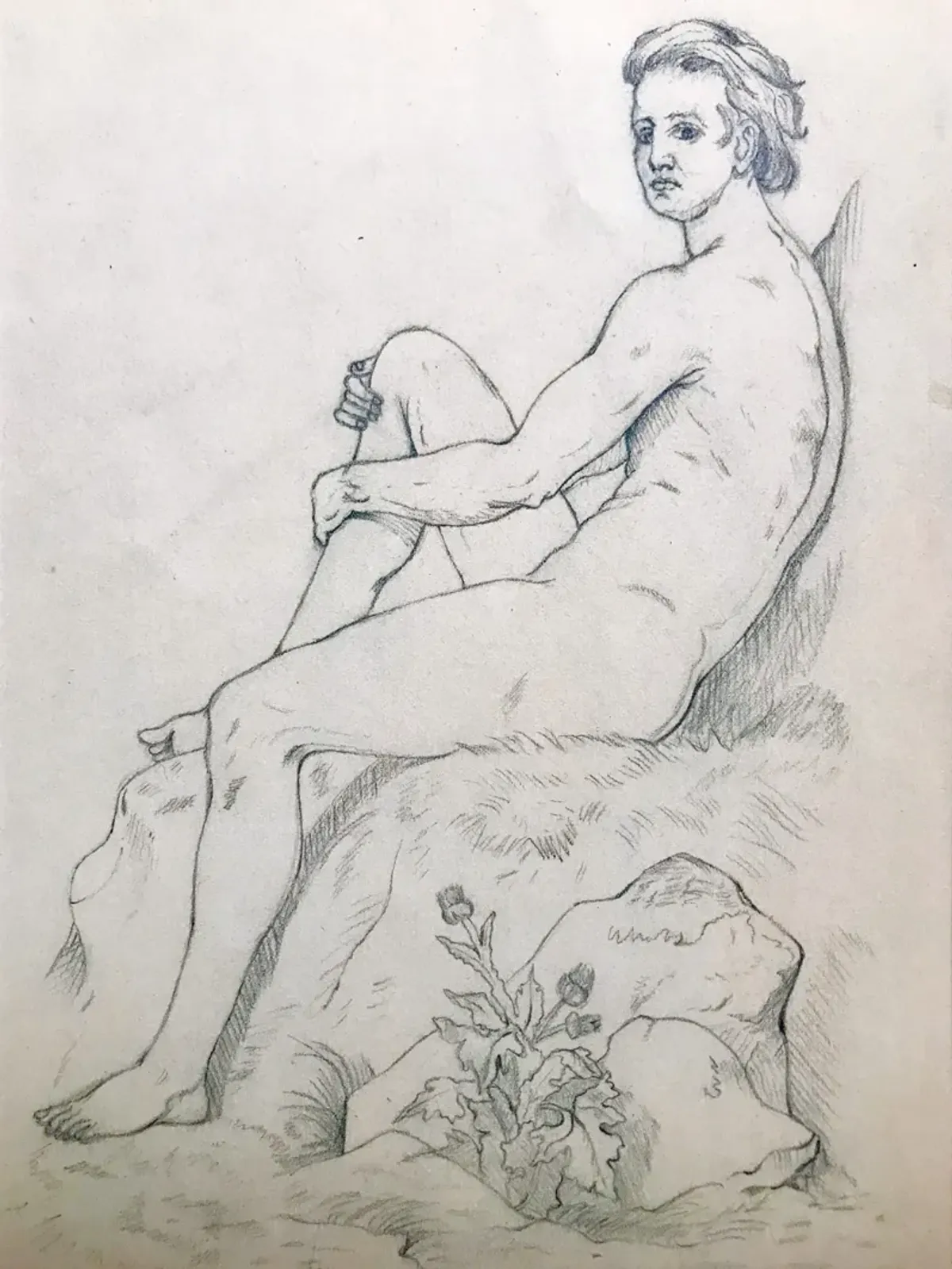 19th-C. Neoclassical Male Nude Drawing - Antiquarian Art Company - Gray