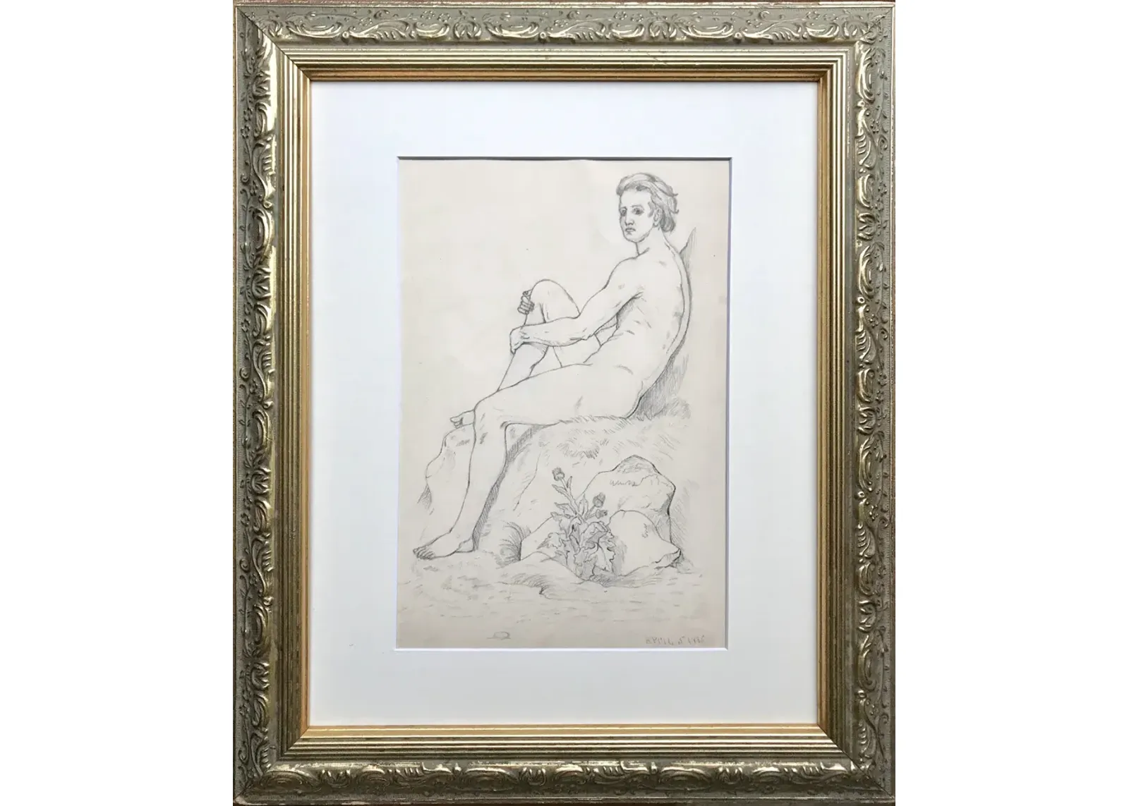 19th-C. Neoclassical Male Nude Drawing - Antiquarian Art Company - Gray