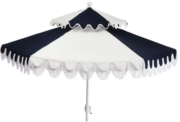 Ginny Two-Tier Two-Tone Fringe Patio Umbrella - Sunbrella - Blue