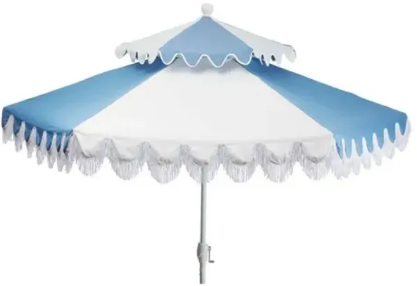 Ginny Two-Tier Two-Tone Fringe Patio Umbrella - Sunbrella - Blue