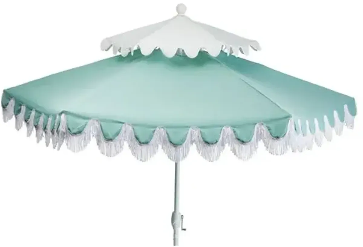 Ginny Two-Tier Two-Tone Fringe Patio Umbrella - Sunbrella - Blue