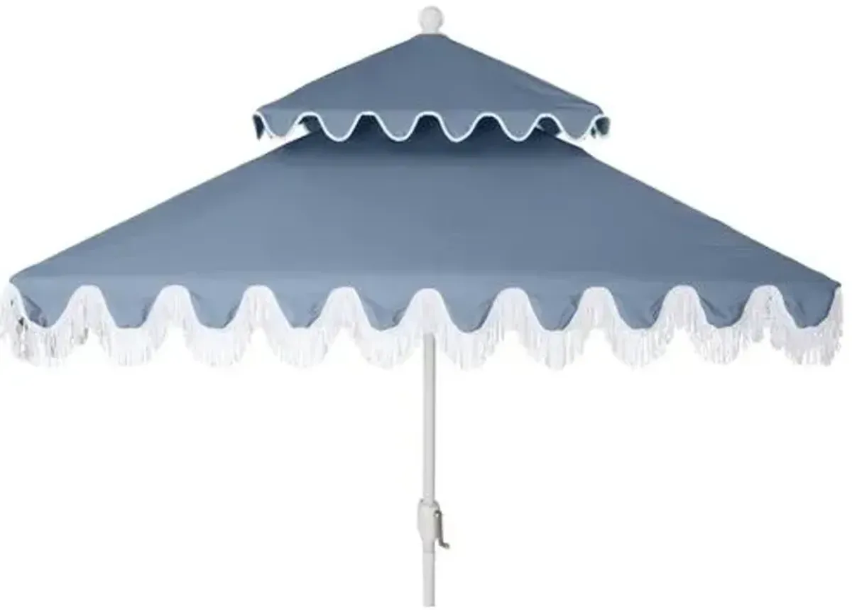 Hannah Two-Tier Square Fringe Patio Umbrella - Sunbrella - Blue